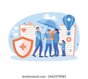 Doctor holding umbrella for patient's family. The doctor and patient fill out a health insurance contract. Health Insurance concept. Flat vector illustration.