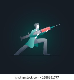A doctor is holding a vaccine syringe and fighting coronavirus. Vector concept illustration. 
