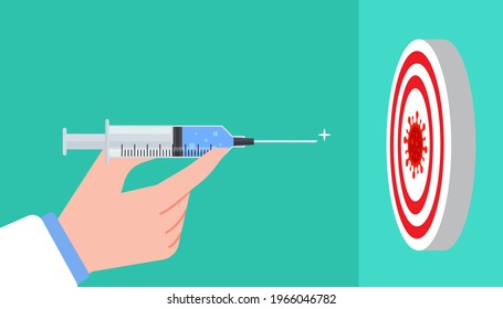 Doctor holding a vaccine syringe in hand and aim at a dartboard with a virus in center. Creative concept of coronavirus vaccination or covid protection. Trendy cute background illustration flat style.