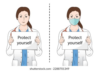 The doctor is holding a white banner with text. Protection concept. The doctor in a mask and without a mask. Vector illustration.
