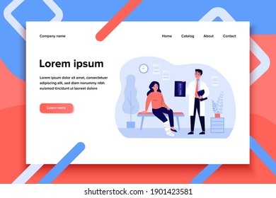 Doctor holding X-ray of broken leg isolated flat vector illustration. Cartoon injured sad woman sitting with cast in hospital consulting room. Treatment, recovery and trauma concept