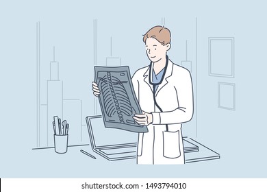 Doctor holding x-ray image. Young professional doctor examining patient x-ray of human spine during a visit. Simple flat vector.