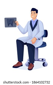 Doctor holding xray of tooth in dentist office. Dental healthcare vector illustration. Young man sitting in chair with radiology scan in hand isolated on white background.