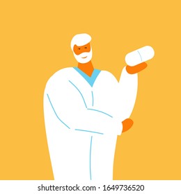 Doctor holds a big white pill. Medical worker. Colorful cartoon vector illustration