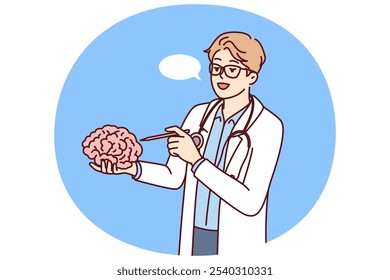 Médico segura cérebro na mão explicando o trabalho de neurônios para estudantes de faculdade de medicina ou universidade. Conceito estudando o cérebro humano para encontrar possibilidade de tratar doença de alzheimer ou demência