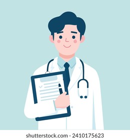 A doctor holds a clipboard. Dressed in professional attire with a stethoscope vector art