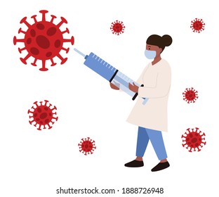 A doctor holds a coronavirus vaccine syringe. Stop Covid-19 concept. Nurse wearing sanitary mask. Healthcare concept. Flat vector illustration. New vaccine complete development.
