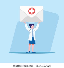 A doctor holds up an email envelope with a medical cross, representing health related communications, such as appointment reminders and medical advice.