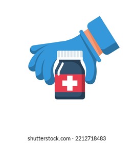 The doctor holds in hands a bottle of tablets. Pills in hands. Taking tablets. Vector illustration cartoon flat design. Medical treatment concept. Healthcare. Medical drugs.