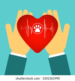 The doctor holds the heart in his hands. Heart with paw image and pulse.