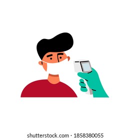 Doctor holds an infrared thermometer to measure body temperature. COVID - 19 concept. Flat vector illustration isolated on white background.