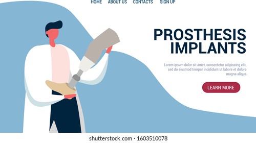 Doctor holds a leg  prosthesis in hands. Tamplate for website, landing page for online shop. Vector illustration