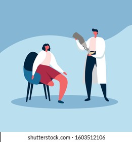 Doctor holds a leg  prosthesis in hands to put it on  legless patient. Medicine, disability, equipment. Vector Illustration.