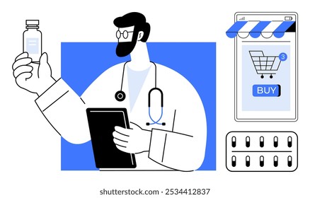 A doctor holds a medicine bottle and tablet while checking a patient prescription, alongside a shopping app on a smartphone. Ideal for telemedicine, online shopping, e-commerce, digital health