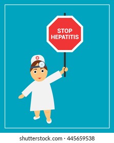 The doctor holds a sign saying stop hepatitis