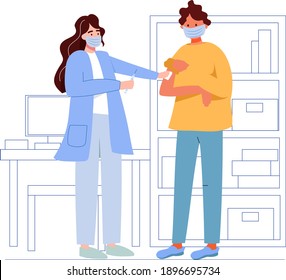 The doctor holds the syringe and puts the vaccine to a man. Vaccine against the virus, coronavirus. 
Flat vector illustration