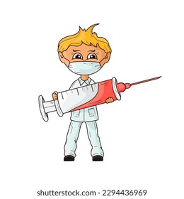 El médico sostiene una jeringa con una vacuna. Vector de dibujos animados de fondo blanco.