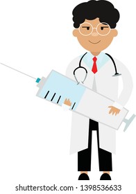 The doctor holds a very large needle.