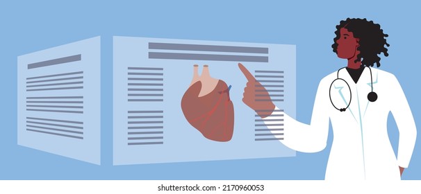 Doctor and hologram with organ heart. Flat vector stock illustration. Concept of scientific experiment. Modern digital technologies in medicine and healthcare