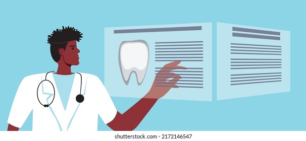 Doctor and hologram with tooth. Flat vector stock illustration. Concept of scientific experiment. Modern digital technologies in medicine and healthcare