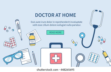 Doctor at home concept banner. Concept medical illustration in modern line style for web banner and backgrounds.