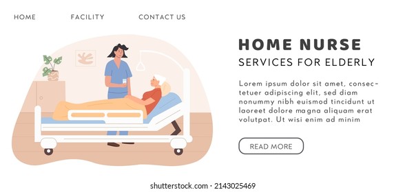 Doctor or home nurse visit patient at old age home. Medical worker working at private hospital. Sick senior woman lying on bed. Home care services for elderly people. Residential care facility. Vector