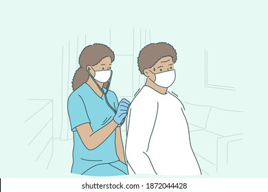 Doctor with home service patient during work concept. Young black woman professional doctor or nurse cartoon character in medical mask checking up mature patient with stethoscope at home illustration