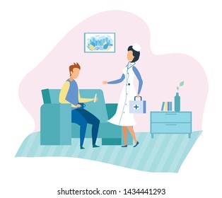 Doctor Home Visits Cartoon. Sick Man with Temperature Call Healthcare Specialist for Consultation. Modern Medical Services, and Insurance Plan. Assistance and Support. Vector Flat Illustration