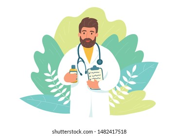 Doctor, Homeopath With Medicine Jar With Plants On Background. Homeopathic Medicine. Vector Illustration.