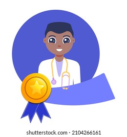 Doctor Honor Award. Gold Medal For Best Employee Of The Month With Man Portrait And A Ribbon. Star Performer Medallion For Top Achievements. Cartoon Vector Illustration.