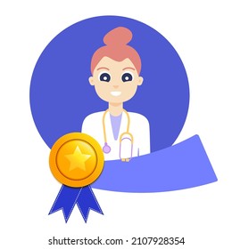 Doctor Honor Award. Gold Medal For Best Employee Of The Month With Woman Portrait And A Ribbon. Star Performer Medallion For Top Achievements. Cartoon Vector Illustration.