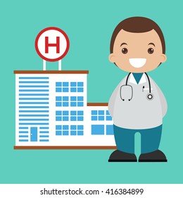 Doctor and hospital background flat design vector illustration