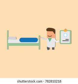 Doctor With a hospital bed and a medical document, vector illustration design. Health care characters collection.