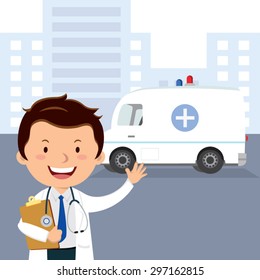 Doctor at hospital. Cheerful doctor with clipboard gesturing in front of a hospital.