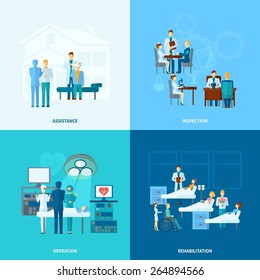 Doctor in hospital design concept set  with assistance operation rehabilitation and operation flat icons isolated vector illustration