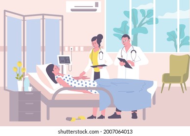 Doctor in hospital flat composition with indoor scenery of observation ward patient in bed and doctors vector illustration