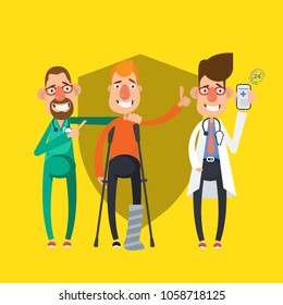 Doctor In Hospital With Health Insurance Related Icons In Modern Graphic Interface Showing Symbol Of Healthcare Person, Money Saving, Medical Treatment And Benefits,Vector Design
