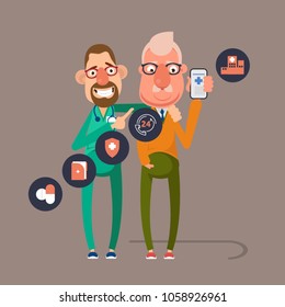 Doctor in hospital with health insurance related icons in modern graphic interface showing symbol of healthcare person, money saving, medical treatment and benefits,Vector Design
