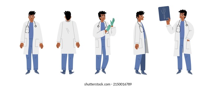 Doctor, Hospital Healthcare Staff At Work Front, Side And Rear View. Medic Male Character In White Robe With Stethoscope On Neck Take On Gloves, Hold Xray, Cartoon Linear Flat Vector Illustration, Set