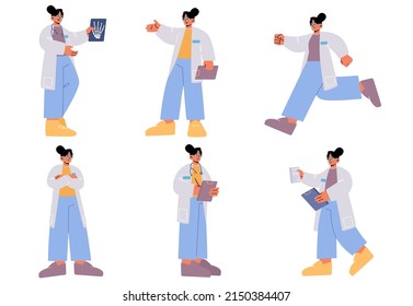 Doctor, hospital healthcare staff at work isolated set. Female medic character in white robe with stethoscope on neck hold xray, writing notes, run, stand crossed arms, Linear flat vector illustration