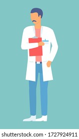 Doctor in hospital is holding clipboard. Healthcare poster, depicting doctor with notes and information. Person in white uniform with notepad, medical gown. Health care assistant vector illustration