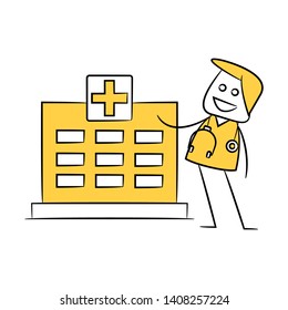 doctor and hospital icon in yellow stick figure theme