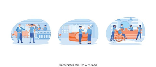 The doctor in the hospital lobby. A grandmother visits the hospital. Waiting at the reception desk. Hospital receptionist concept. Set flat vector illustration.