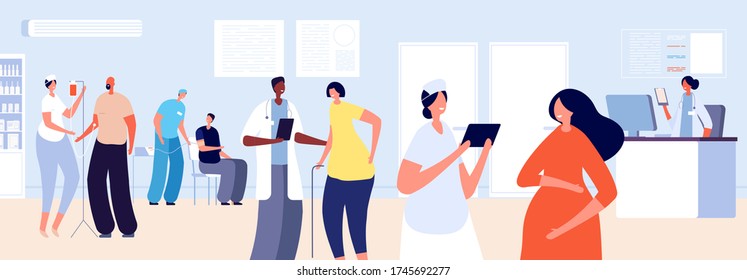 Doctor in hospital. Medical staff work. Flat nurse with patient. Hospitalized people, intensive treatment health service vector illustration