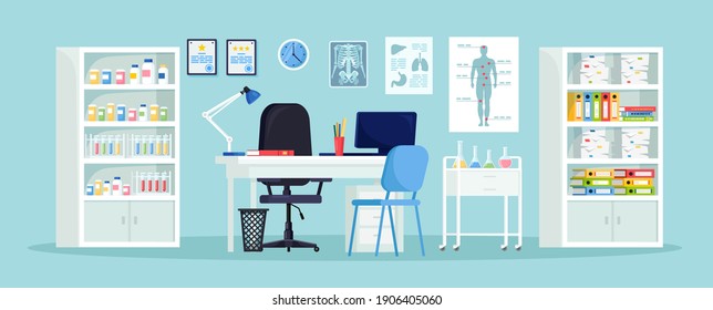 Doctor hospital office interior with desk. Physician cabinet with computer, armchair. Vector illustrator