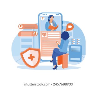 Doctor in the hospital reading health records. Patient listening via cell phone. Health Records concept. Flat vector illustration.