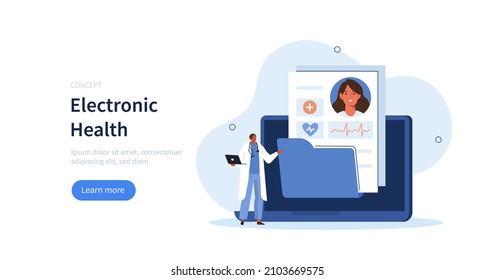 Doctor in hospital reading patient EMRs. Electronic health record and online medical services concept. Vector illustration.
