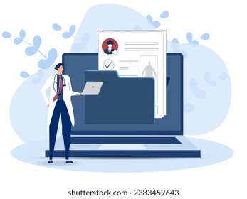 Doctor in hospital reading patient EMRs. Electronic health record and online medical services concept. Vector illustration.
