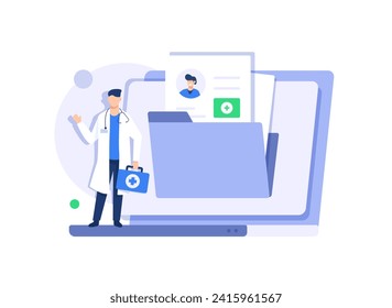 Doctor in hospital reading patient EMRs. Electronic health record and online medical services concept