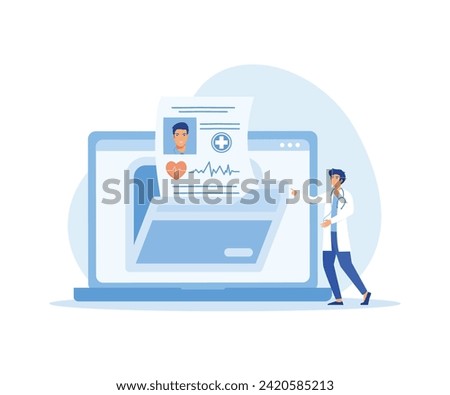 Doctor in hospital reading patient's EMR. flat vector modern illustration 